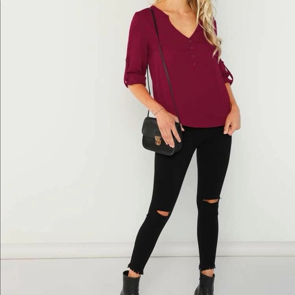 Red Button Front V-Neck Top - Picture 5 of 5